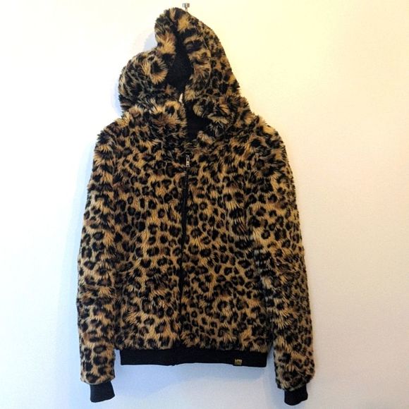 Women's PINK Victoria's Secret Limited Edition Leopard Zip Hooded Fur Coat Small - Picture 1 of 7